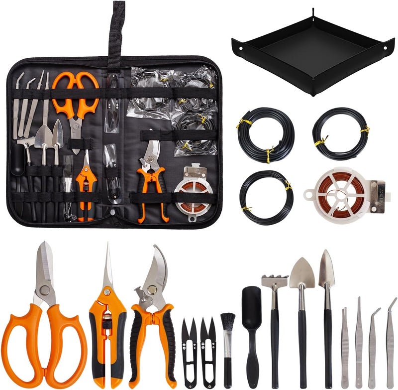 Inntop Bonsai Tools Kit 20 Pcs Garden Tools Set for Beginner, Gardening Gift for Women Men, Includes Bonsai Wire Kit, Plant Mat, Pruning Shears, Bonsai Scissors, Succulent Tools in Leather Storage Bag - Image 1